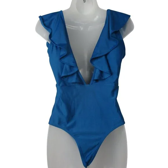 SPORLIKE Women One Piece Swimsuit V-Neck Ruffle Bathing Suit Blue Coastal Flirty - Picture 3 of 7